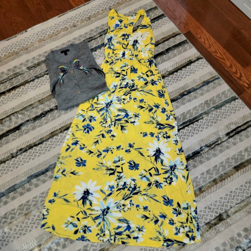 💛 Yellow & Blue Floral Maxi Dress, Size S